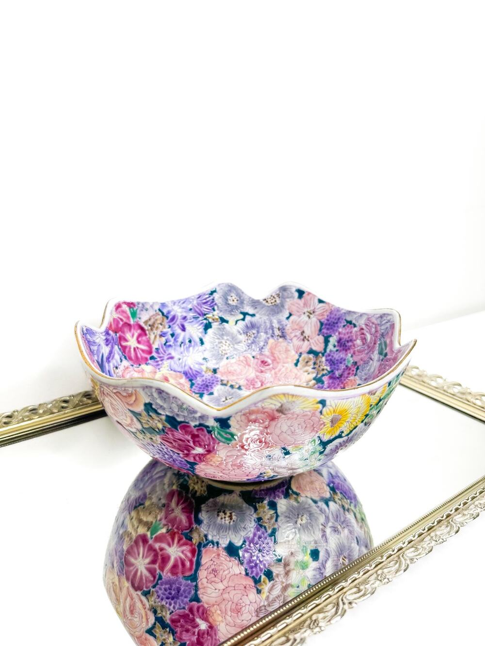 Beautiful Vintage Colorful Chinese Porcelain Hand Painted Flowers Mille Fleur